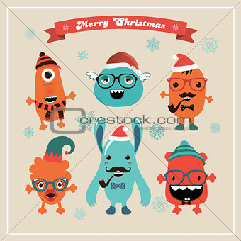 Vector Cute Retro Hipster Christmas Monsters Set