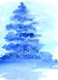 Watercolor illustration  Christmas tree in snow.