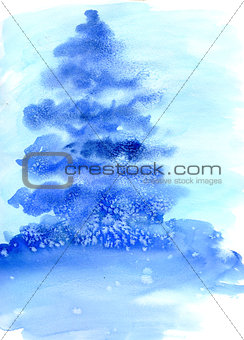 Watercolor illustration  Christmas tree in snow.