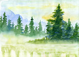 Watercolor background with mountains in fog