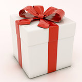 white gift boxes with red ribbon