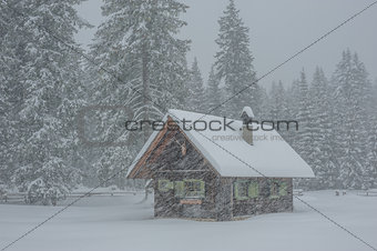 Small house in snow storm
