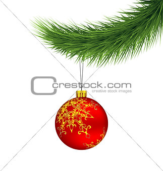 Red Christmas ball on pine branch isolated on white