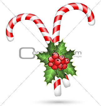 Two candy canes with holly on white