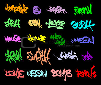 page of bright color graffiti tags on black