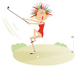 Comic cartoon women is playing golf