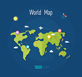 world map with marks ways pointers satellite airplane sun clouds