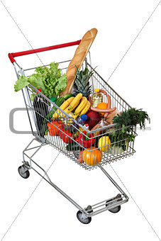 Filled food shopping trolley isolated on white background, no bo