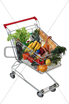 Filled foodstuffs shopping cart isolated on white background, no