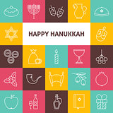 Line Art Happy Hanukkah Jewish Holiday Icons Set