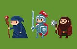 Pixel art style illustration wizard, knight and dwarf