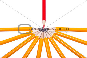 Red sharpened pencil among non sharpened yellow