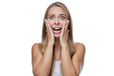 Portrait of surprised woman on white background