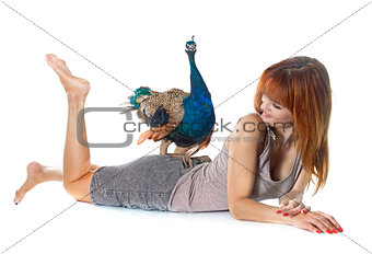 young woman and peacock