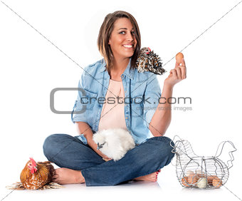 young woman and chicken