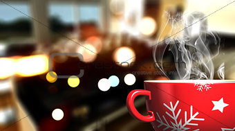 3D Christmas mug on defocussed cafe bar background