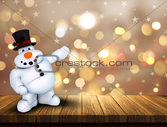 3D Christmas snowman on wooden table against a bokeh lights back