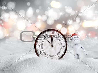 3D Happy New Year snowy scene with figure and clock
