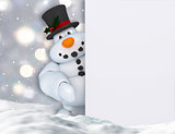 3D snowman holding a blank sign