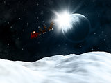 3D winter landscape with santa flying though a night sky