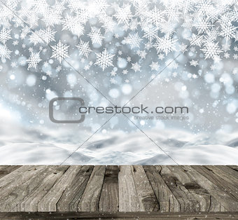 3D wooden table on a Christmas snowy background