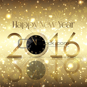Golden Happy New Year background with a clock design 
