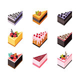 Cake set Isometric flat design web icon collection Delicious dessert