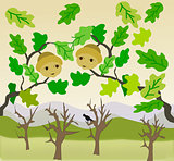 Two Acorns and bare Trees