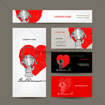 Business cards design. Girl draws red heart