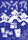 Winter card with small houses and gift box