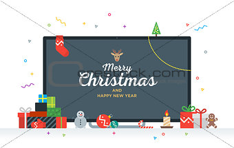 Large TV with Congratulatory text Merry Christmas and Happy New Year, gifts, presents, bauble, candy. Geek Card
