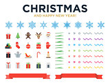 Marry Christmas and Happy New Year modern design vector elements with snowflakes, icons, pine needles, red ribbons
