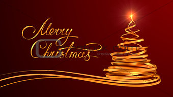 Gold Text Design Of Merry Christmas And Christmas Tree From Gold Tapes Over Red Background