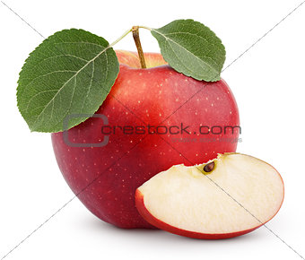 Red apple with green leaf and slice isolated on white