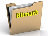 Bitmark- bright color letters on a gold folder 