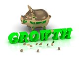 GROWTH- inscription of green letters and gold Piggy 