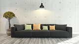 Black cloth sofa with concrete wall, background, template design