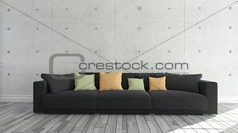 Black cloth sofa with concrete wall, background, template design
