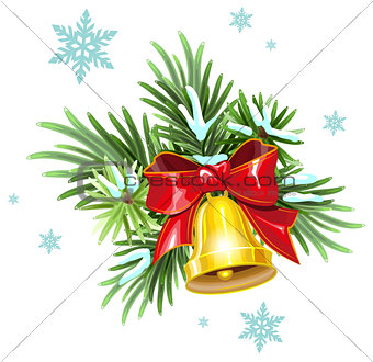 Fir branches, red ribbon and golden bell. Christmas Decoration