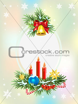 Spruce branches with candles, candy and golden bell. Christmas card template