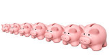 Seven piggy banks from different sizes 