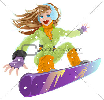Snowboarding. Beautiful young happy girl on snowboard