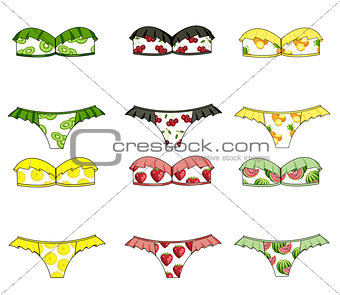 Fashion Illustration - Ruffle bandeau strapless bra bikini in fruit fabric print