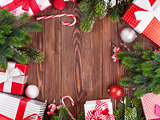 Christmas gift boxes, decor and fir tree branch
