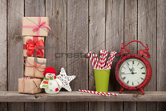 Christmas gift boxes, decor and alarm clock