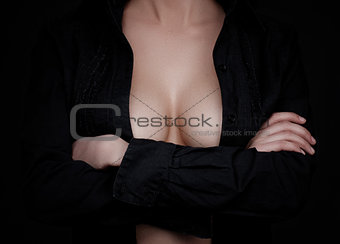 Topless woman body covering her big breast