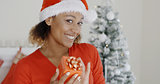 Smiling attractive woman holding a Christmas gift