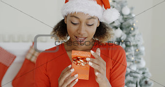 Excited young woman looking at a Christmas gift