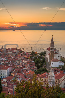 Sunset Over Adriatic Sea and Old Town of Piran, Slovenia