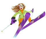 Skiing. Beautiful young happy girl flies on skis